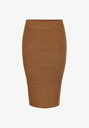Fustă midi conică cu textură ribbed, de culoare maro cald. Prezintă o siluetă ajustată și un brâu elastic pentru confort.