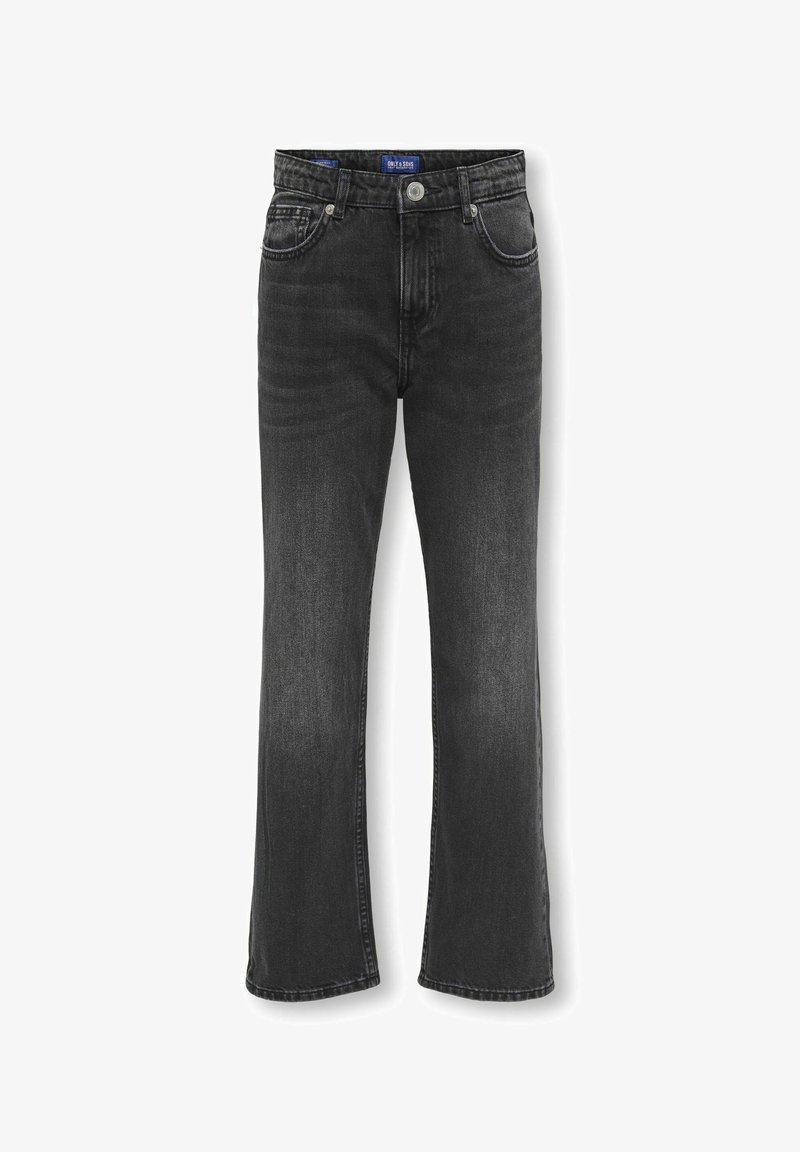 Melnas denima bikses ar regulāru piegriezumu, taisnu kāju dizainu, piecu kabatu stilu un pogu aizdari viduklī. Izbalējusi tekstūras detaļa.