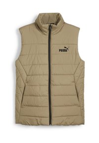 Gilet imbottito beige con colletto alto, texture a righe orizzontali, zip frontale completa e logo nero nell'area del petto sinistro.