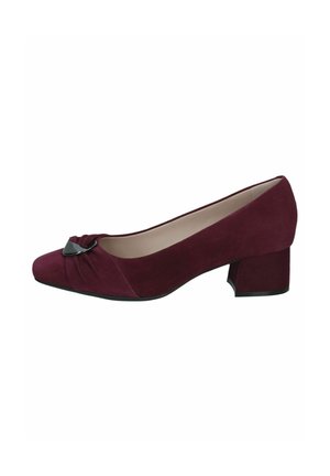 Chaussure femme en daim bordeaux à talon bas, bout carré et boucle décorative noire à l'avant.