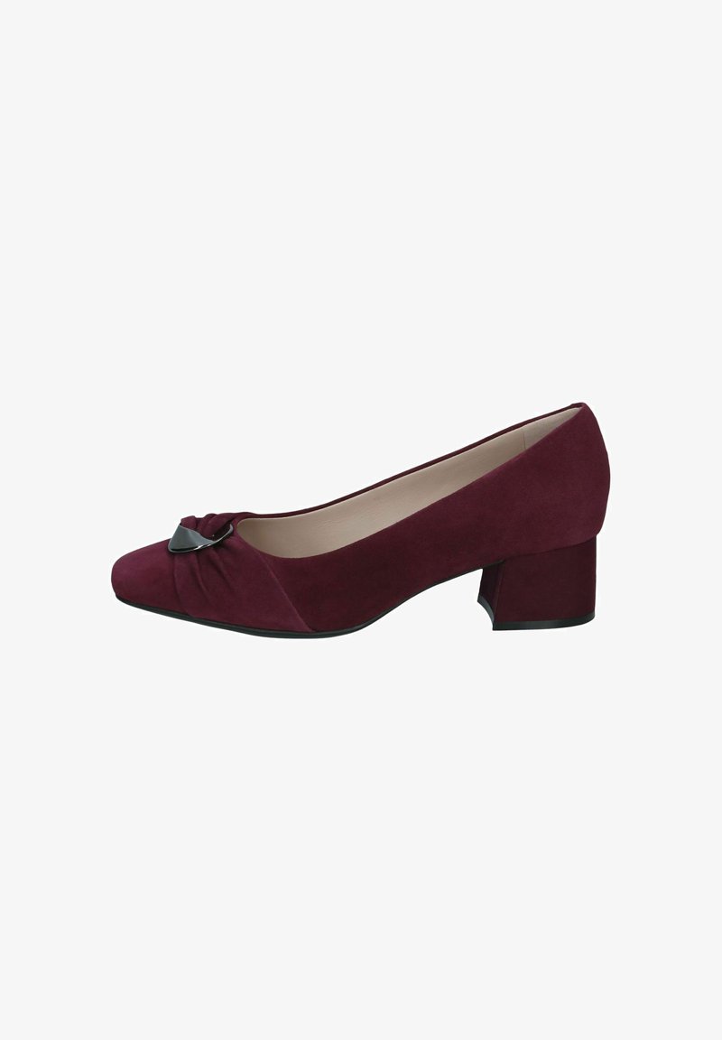 Chaussure femme en daim bordeaux à talon bas, bout carré et boucle décorative noire à l'avant.