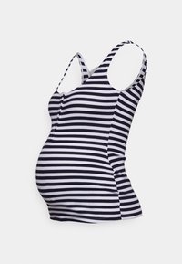 Těhotenské tílko s proužky v námořnické modři a bílé, měkký materiál, přiléhavý střih a široká nastavitelná ramínka.