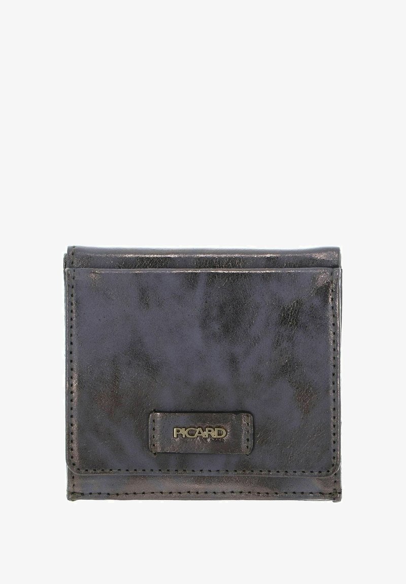 Portefeuille en cuir noir avec couture visible et plaque de logo en métal "PICARD" sur le rabat avant, photographié sur fond blanc.