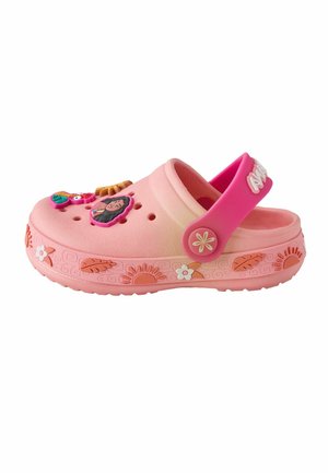 Gyermek rózsaszín klumpa állítható rózsaszín pánttal, rajzfilmfigurákkal díszített medálokkal, valamint nap-, levél- és virágmintákkal a talpon.