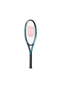 Tennisschläger mit einem türkisfarbenen Rahmen und schwarzen Akzenten. Verfügt über ein weißes Saitenbett mit einem großen roten "W"-Logo. Strukturierter schwarzer Griff.