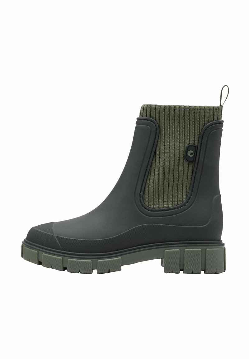 Black rubber ankle boots with green ribbed textile upper, chunky sole, elastic side panel, and a pull tab at the back for easy wear.