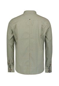 Langarmshirt met een groen geometrisch patroon, een button-down kraag en contrasterende knoopaccenten op de manchetten.