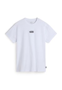 Biała bawełniana koszulka z krótkim rękawem, z czarnym logo "VANS" z przodu. Standardowy krój, okrągły dekolt, gładka tekstura.
