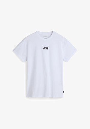 T-shirt bianco in cotone con maniche corte, caratterizzato da un logo nero "VANS" sul davanti. Vestibilità standard, scollatura rotonda, texture liscia.