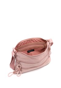 Borsa a tracolla di tessuto rosa con scomparti con zip, superficie testurizzata, cintura regolabile e fodera interna liscia.