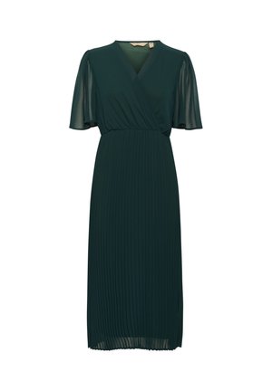 Plisse dress in dark green fabric, featuring a wrap design, short flutter sleeves, and a knee-length hem. Textured and lightweight material.