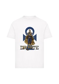 White cotton T-shirt featuring a graphic of a figure in a gold and blue costume, with the text "DR. FATE" in bold, stylized lettering below.