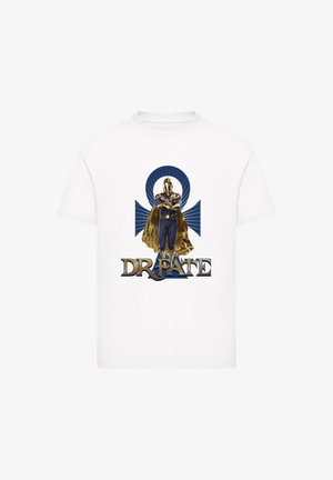 White cotton T-shirt featuring a graphic of a figure in a gold and blue costume, with the text "DR. FATE" in bold, stylized lettering below.