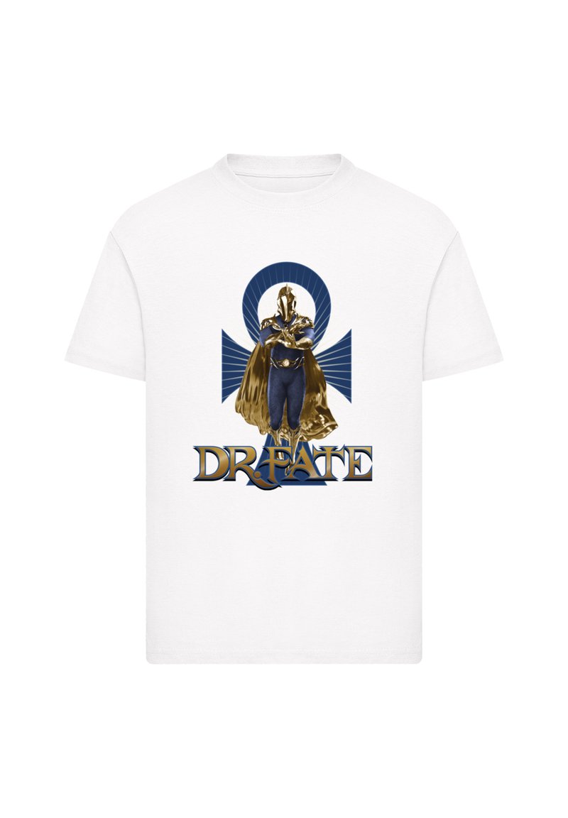 White cotton T-shirt featuring a graphic of a figure in a gold and blue costume, with the text "DR. FATE" in bold, stylized lettering below.