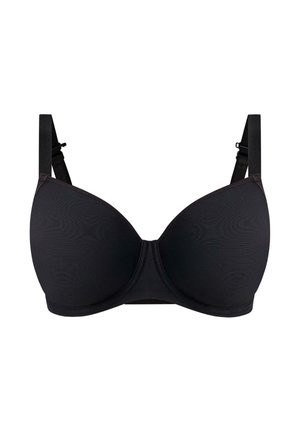 Sujetador negro con textura suave, copas moldeadas, tirantes ajustables y cierre trasero de gancho y ojal. Diseño sencillo, sin estampados ni adornos.