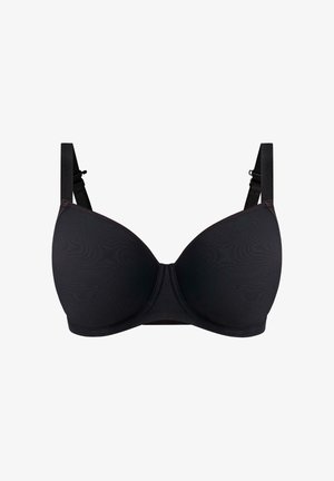 Zwarte beha met een gladde textuur, gevormde cups, verstelbare bandjes en een haaksluiting aan de achterkant. Eenvoudig ontwerp, zonder patronen of versieringen.