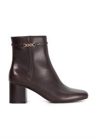 Brown leather ankle boot with a square toe, block heel, and gold-tone accent detail around the ankle. Smooth texture, minimalist design.