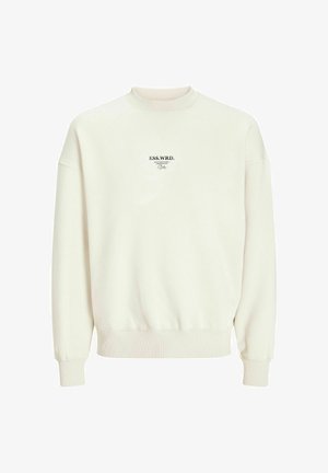 Kremowy sweter z ribbed okrągłym dekoltem, elastycznymi mankietami i dołem. Posiada czarny nadrukowane logo z przodu. Miękka tekstura.