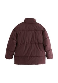 Giacca a vento bordeaux con colletto alto, design trapuntato e maniche lunghe. Tessuto morbido con cuciture orizzontali distanziate uniformemente.