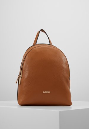Brown textured leather backpack with gold zipper and "LOREDI" logo, standing upright on a white pedestal against a light gray background.