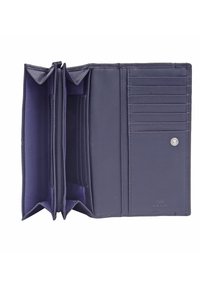 Portafoglio in pelle blu navy con più scomparti per schede, due compartimenti con zip e chiusura a scatto. Texture morbida con design elegante.