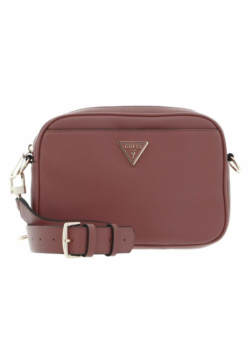 Maroon crossbody bag in textured faux leather, featuring a gold triangle logo, adjustable strap, and zip closure.