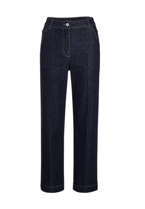 Dark blue denim wide-leg pants with a high waist, featuring contrasting yellow stitching and a front button closure.