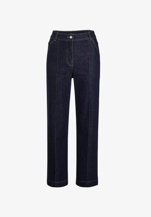Dark blue denim wide-leg pants with a high waist, featuring contrasting yellow stitching and a front button closure.