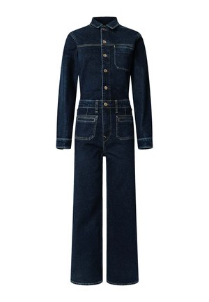 Denim-Overall in Dunkelblau, mit einem Kragenauftakt, durchgehender Knopfleiste, langen Ärmeln, einer Brusttasche und weitem Bein im Kontraststich.