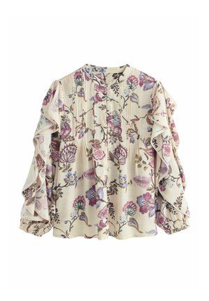 Floral blouse with cream background, featuring colorful patterns of purple, green, and pink flowers. Ruffled sleeves and button closure.