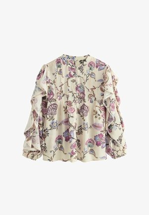 Florale Bluse mit cremefarbenem Hintergrund, versehen mit bunten Mustern aus lila, grünen und pinken Blumen. Rüschige Ärmel und Knopfverschluss.