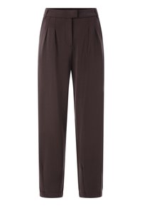 Pantaloni marroni scuri con un design su misura, caratterizzati da pieghe, una texture liscia e gambe affusolate. Vestibilità con cintura piatta.