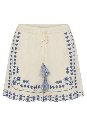 Pantaloni scurți de culoare crem cu inimioare albastre brodate, flori și modele geometrice, având o talie cu șnur și ciucuri albastre și tiv ondulat.