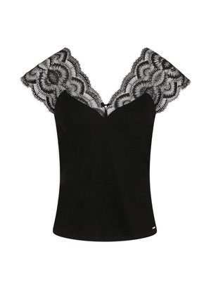 Schwarzes Oberteil mit tailliertem Schnitt und schwarzen Spitzenkappenärmeln. Die Spitze zeigt florale Muster und gewellte Kanten, die das elegante Design ergänzen.