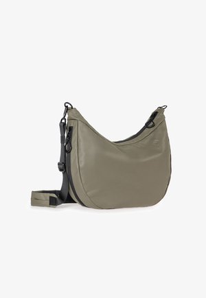 Olivgrüne Schultertasche aus glattem, wasserdichtem Material; besitzt ein gewölbtes Design, einen verstellbaren Riemen und Reißverschlussfächer.