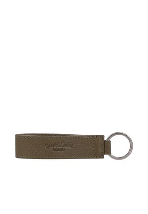 Brown textured leather keychain strap with stitched edges and a silver metal keyring attached at one end.