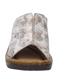 Open-toed slide sandal with a beige and gray patterned upper, leather-like material, stitched accents, and a brown textured sole.