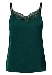 Camisole vert foncé avec une surface texturée et une finition en dentelle le long de l'encolure. Caractérisée par des bretelles fines et une coupe décontractée.