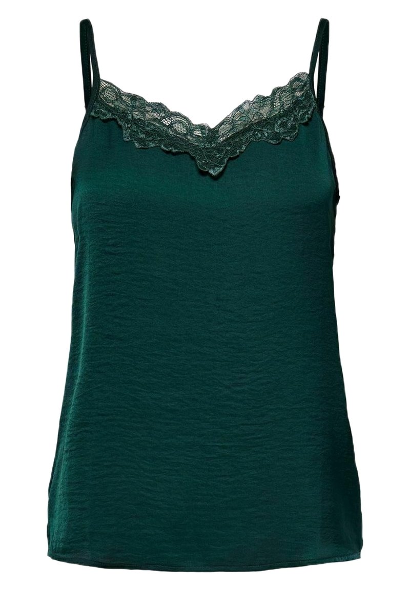 Camisole vert foncé avec une surface texturée et une finition en dentelle le long de l'encolure. Caractérisée par des bretelles fines et une coupe décontractée.