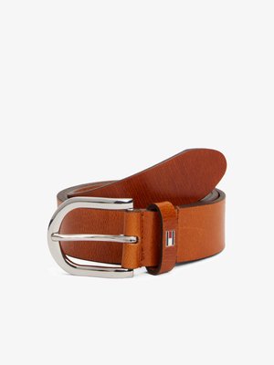 Tan leather belt with a shiny silver metal buckle. Features a rectangular design and a small brand logo near the buckle.