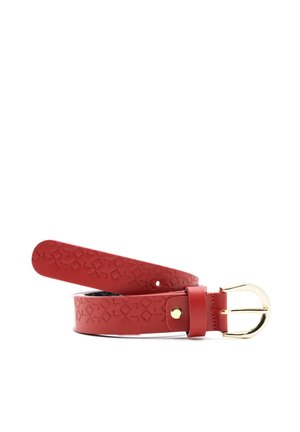 Red leather belt with an embossed geometric pattern, smooth texture, featuring a gold-tone metal buckle and a single snap for adjustment.