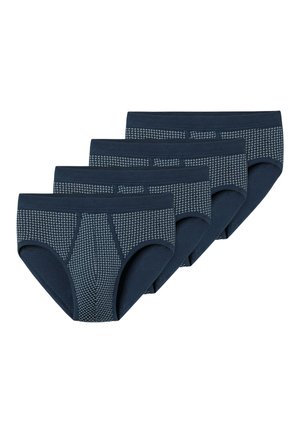 Quattro slip da uomo blu navy con piccolo motivo pied-de-poule bianco sulla parte anteriore e fascia in vita blu navy tinta unita, disposti a pila sfalsata.