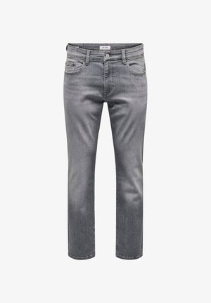 Graue Jeans aus Denim mit einem klassischen Fünf-Taschen-Design, Reißverschluss und geradem Bein. Der Stoff hat eine feine Textur und leichte Ausbleichungen.