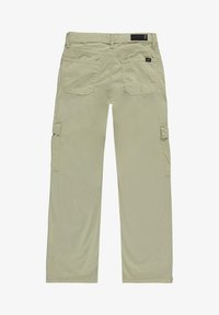 Lichtgroene cargo-broek heeft een relaxte pasvorm, twee zijzakken, twee achterzakken en versterkte stiksels. De stof is glad met een matte afwerking.