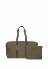 Sac de voyage vert olive en tissu léger avec deux poignées robustes et une fermeture éclair ; comprend une petite trousse assortie.