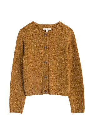 Mosterdgele gebreide cardigan met een ronde halslijn, vijf bruine knopen, geribde manchetten en zoom. Gevoelige, casual uitstraling.