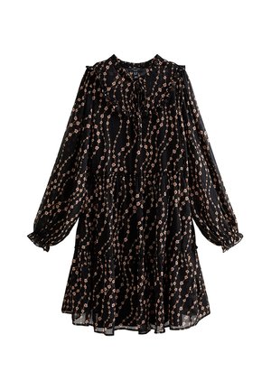 Abito nero a maniche lunghe con colletto e orlo arricciati, decorato con motivo floreale verticale rosa e vita arricciata.