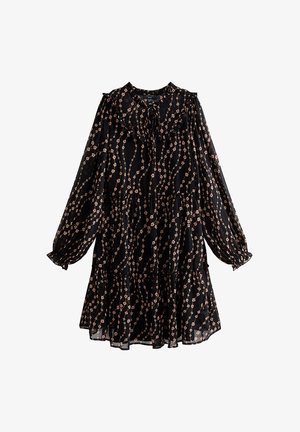 Robe noire à manches longues avec col et ourlet à volants, décorée d'un motif floral rose vertical et taille froncée.