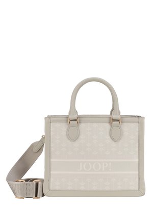 Sac à main rectangulaire beige de designer avec un motif floral, deux poignées supérieures, une bandoulière réglable et le logo "JOOP!" sur le panneau avant.