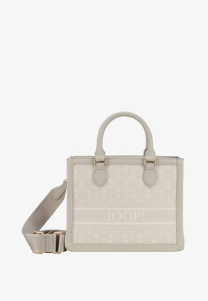 Borsa a mano beige rettangolare di design con motivo floreale, doppi manici superiori, tracolla regolabile e logo "JOOP!" sul pannello frontale.
